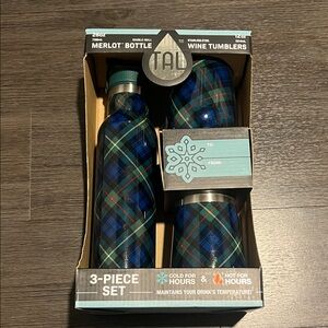 TAL - Blue and Green Plaid 3-Piece Wine Tumbler Set - Brand New